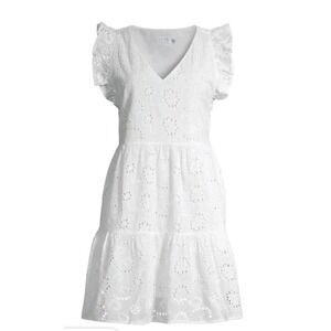 NWT White Eyelet Ruffle Tiered V-Neck Sleeveless Short Dress Lined Medium Beach‎